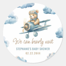 Cute Beer Vliegtuig Blauwe Jongen Baby Shower Ronde Sticker