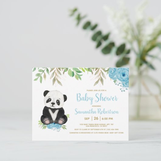Cute Beer Waterverf Blue Greenery Boy Baby shower Uitnodiging Briefkaart (Staand voorkant)
