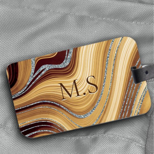 Cute beige brown marmer Glitter monogram Bagagelabel