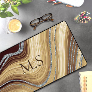 Cute beige brown marmer Glitter monogram Bureaumat