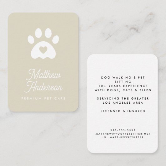Cute beige Heart Paw Print Pet Sitter Dog Walker Visitekaartje (Voorkant / Achterkant)
