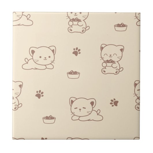 Cute Beige Kattenpatroon (1) Tegeltje (Voorkant)