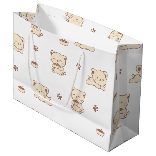 Cute Beige Kattenpatroon (2) Groot Cadeauzakje (Voorkant Gekanteld)