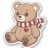 Cute Beige Teddybeer met Gestreepte Sjaal Sticker (Voorkant)