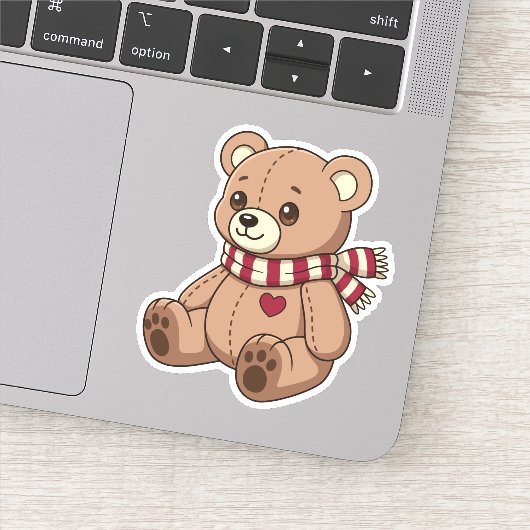 Cute Beige Teddybeer met Gestreepte Sjaal Sticker (Detail)