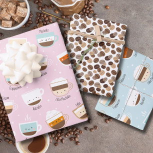 Cute bekertjes koffie en bonenpastelkleuren inpakpapier vel