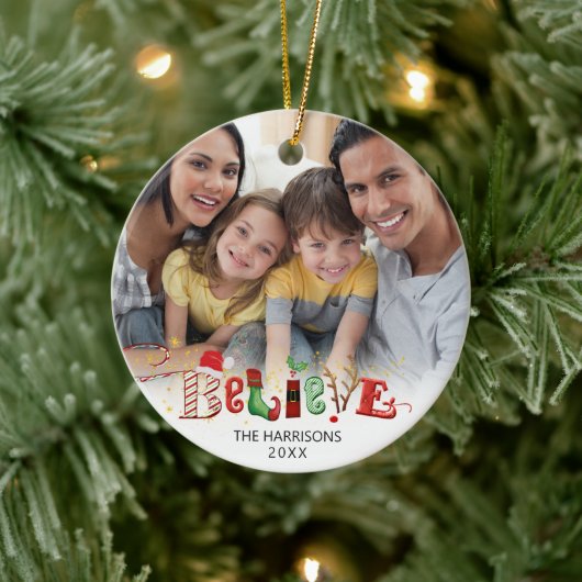 Cute BELIEVE Kerstmis Typografie 2 Foto O Keramisch Ornament (Boom)