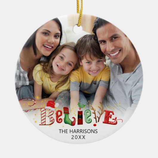 Cute BELIEVE Kerstmis Typografie 2 Foto O Keramisch Ornament (Voorkant)
