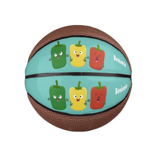 Cute bell pepper capsicum trio zingende cartoon basketbal (Voorkant)