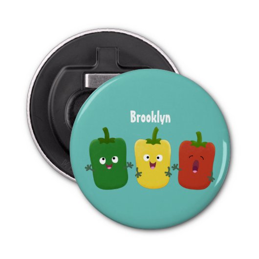 Cute bell pepper capsicum trio zingende cartoon button flesopener (Voorkant)