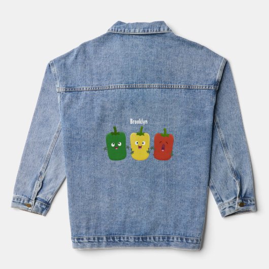 Cute bell pepper capsicum trio zingende cartoon denim jacket (Achterkant)