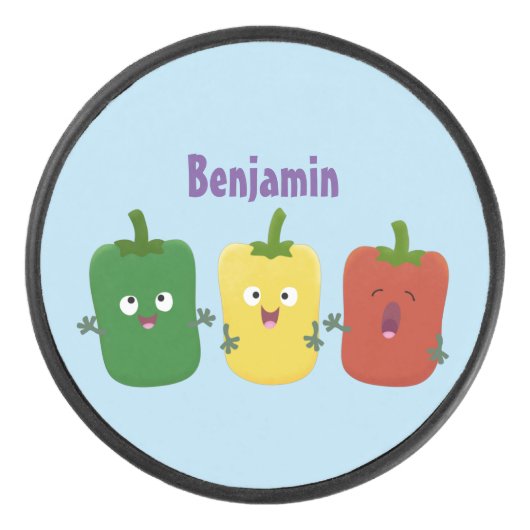 Cute bell pepper capsicum trio zingende cartoon hockey puck (Voorkant)