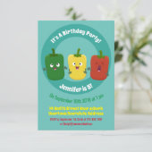 Cute bell pepper capsicum trio zingende cartoon in kaart (Staand voorkant)