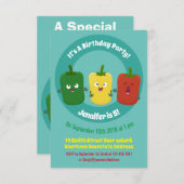 Cute bell pepper capsicum trio zingende cartoon in kaart (Voorkant / Achterkant)