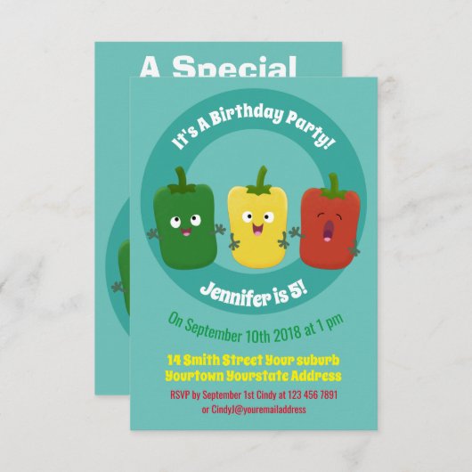 Cute bell pepper capsicum trio zingende cartoon in kaart (Voorkant / Achterkant)