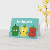 Cute bell pepper capsicum trio zingende cartoon  kaart (Gele Bloem)