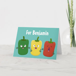 Cute bell pepper capsicum trio zingende cartoon  kaart