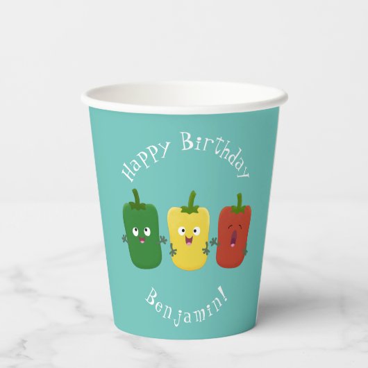 Cute bell pepper capsicum trio zingende cartoon papieren bekers (Achterkant)