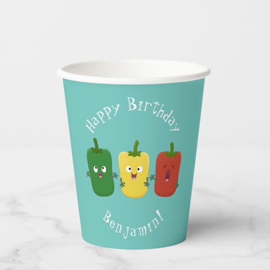 Cute bell pepper capsicum trio zingende cartoon papieren bekers (Voorkant)