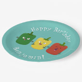 Cute bell pepper capsicum trio zingende cartoon papieren bordje (Gekanteld)