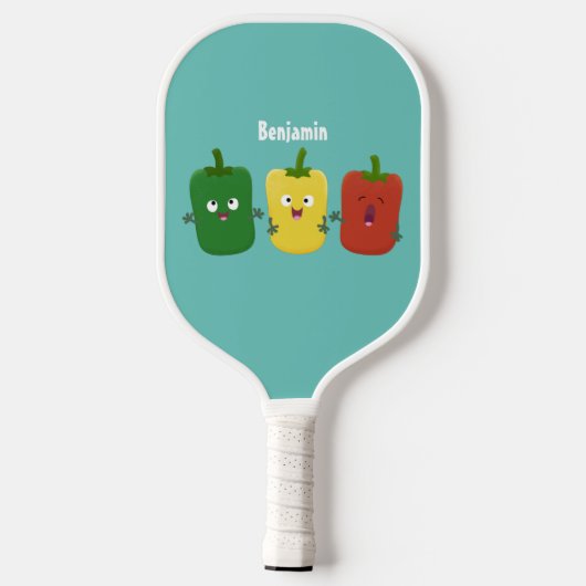 Cute bell pepper capsicum trio zingende cartoon pickleball paddle (Achterkant)