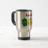 Cute bell pepper capsicum trio zingende cartoon reisbeker (Voorkant links)