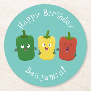 Cute bell pepper capsicum trio zingende cartoon ronde kartonnen onderzetter