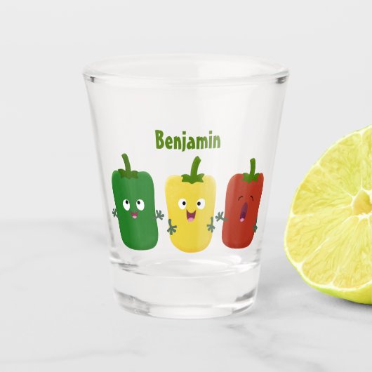 Cute bell pepper capsicum trio zingende cartoon shot glas (Voorkant)
