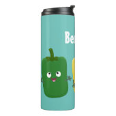 Cute bell pepper capsicum trio zingende cartoon thermosbeker (Gedraaid links)