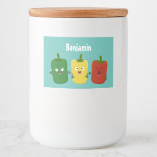 Cute bell pepper capsicum trio zingende cartoon voedselcontainer etiket