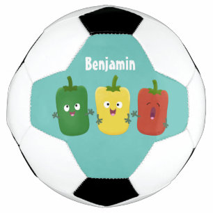 Cute bell pepper capsicum trio zingende cartoon voetbal