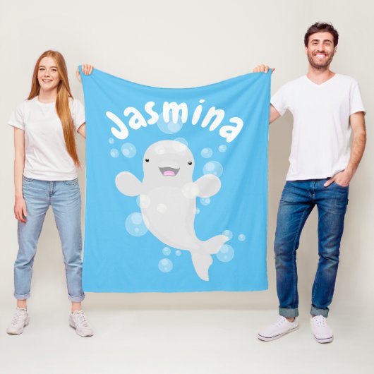 Cute beluga whale belbles cartoon afbeelding fleece deken (In situ)