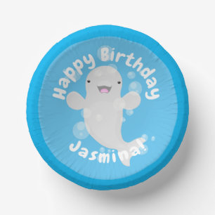 Cute beluga whale belbles cartoon afbeelding papieren kommen