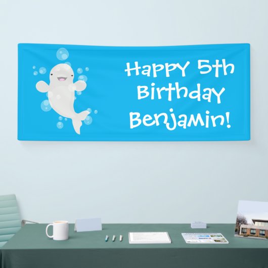 Cute beluga whale belbles cartoon afbeelding spandoek (Beurs)