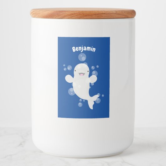 Cute beluga whale belbles cartoon afbeelding voedselcontainer etiket (Voorkant)