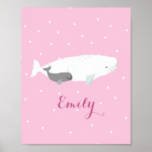 Cute Beluga Whale for Girls, aangepaste naam roze Poster