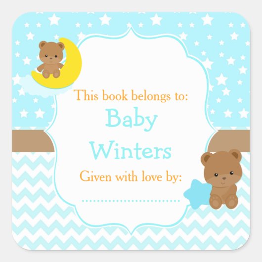 Cute Beren Boy met Star Baby shower Bookplate Vierkante Sticker (Voorkant)