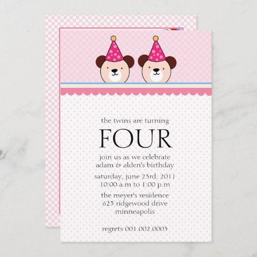 Cute beren - Roze tweelingsuitnodigingen Kaart (Voorkant / Achterkant)