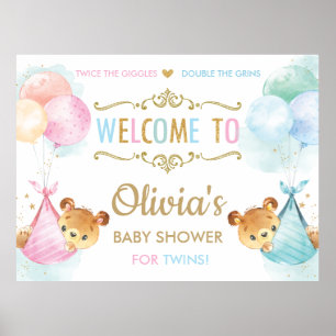 Cute Beren Twins Boy Girl Baby shower Welkom Sign Poster