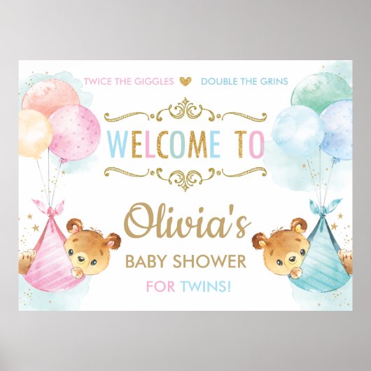 Cute Beren Twins Boy Girl Baby shower Welkom Sign Poster (Voorkant)