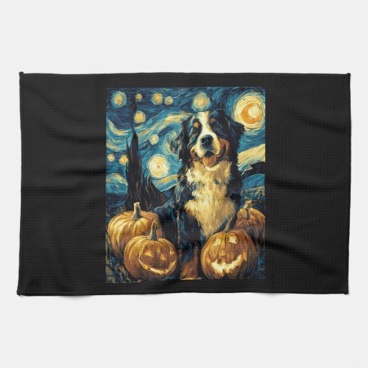 Cute Bernese mountain Dog Halloween Jack O Lantern Theedoek (Horizontaal)