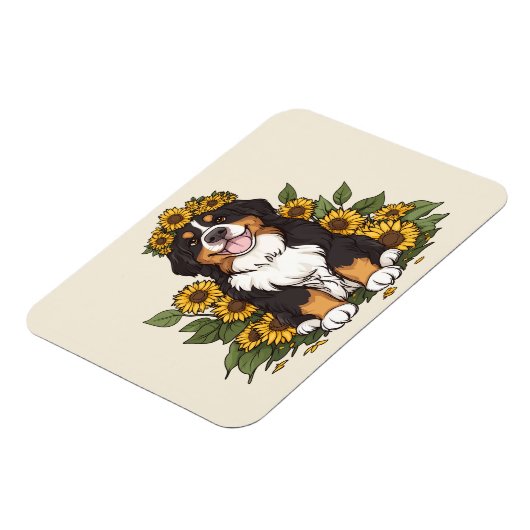 Cute Bernese Mountain Dog Wearing Sunflower Crown Magneet (Linkerzijde)