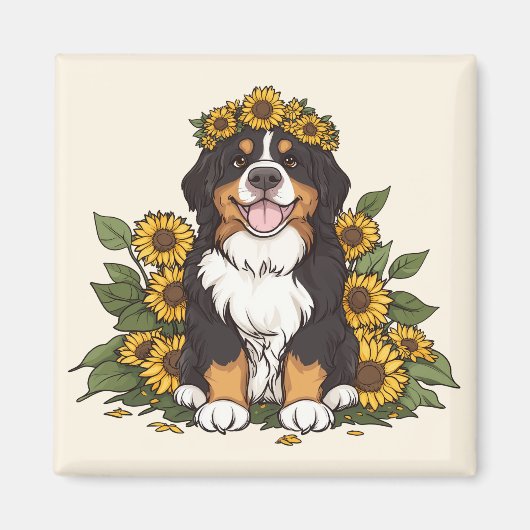 Cute Bernese Mountain Dog Wearing Sunflower Crown Magneet (Voorkant)