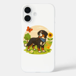 Cute Bernese Mountain Dog with Sunflower & Butterf iPhone 16 Hoesje