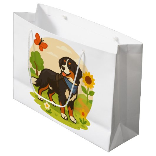 Cute Bernese Mountain Dog with Sunflower & Butterf Groot Cadeauzakje (Voorkant Gekanteld)