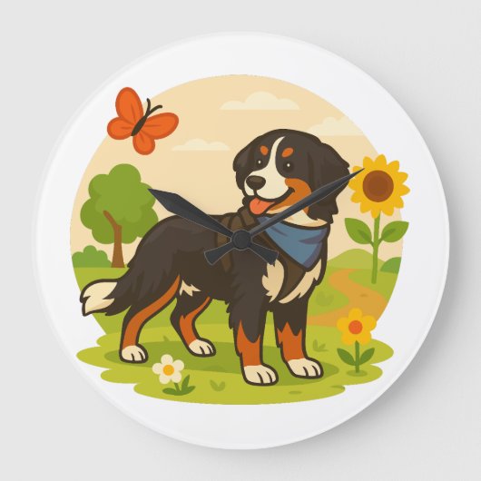 Cute Bernese Mountain Dog with Sunflower & Butterf Grote Klok (Voorkant)