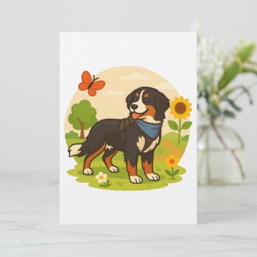 Cute Bernese Mountain Dog with Sunflower & Butterf Kaart (Staand voorkant)