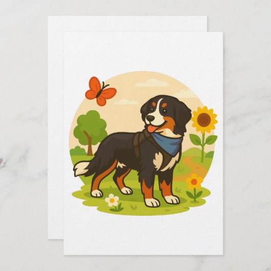 Cute Bernese Mountain Dog with Sunflower & Butterf Kaart (Voorkant / Achterkant)