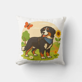 Cute Bernese Mountain Dog with Sunflower & Butterf Kussen