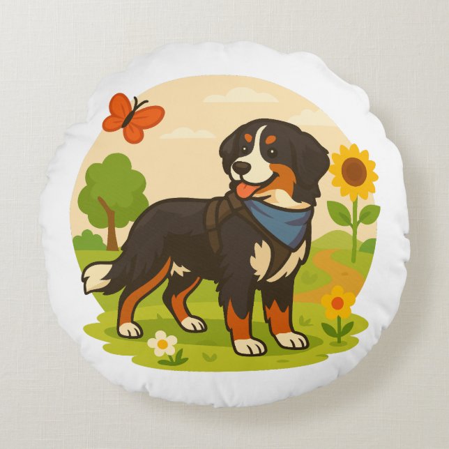Cute Bernese Mountain Dog with Sunflower & Butterf Rond Kussen (Voorkant)
